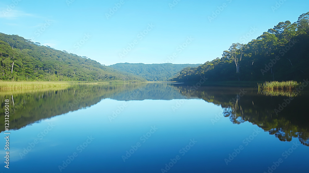Fototapeta premium calm lake reflecting the clear blue sky, surrounded by lush green forests