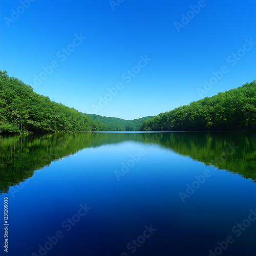 calm lake reflecting the clear blue sky, surrounded by lush green forests