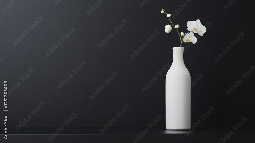 Elegant white orchid in a minimalist white vase against a stark black background. A study in simplicity and contrast. Elegant white orchid in a minimalist white vase against a stark black background. A study in simplicity and contrast.