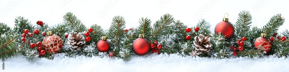 Festive Christmas Garland with Red Ornaments Snow Pine Cones and Holly Berries on White Festive Christmas Garland with Red Ornaments Snow Pine Cones and Holly Berries on White
