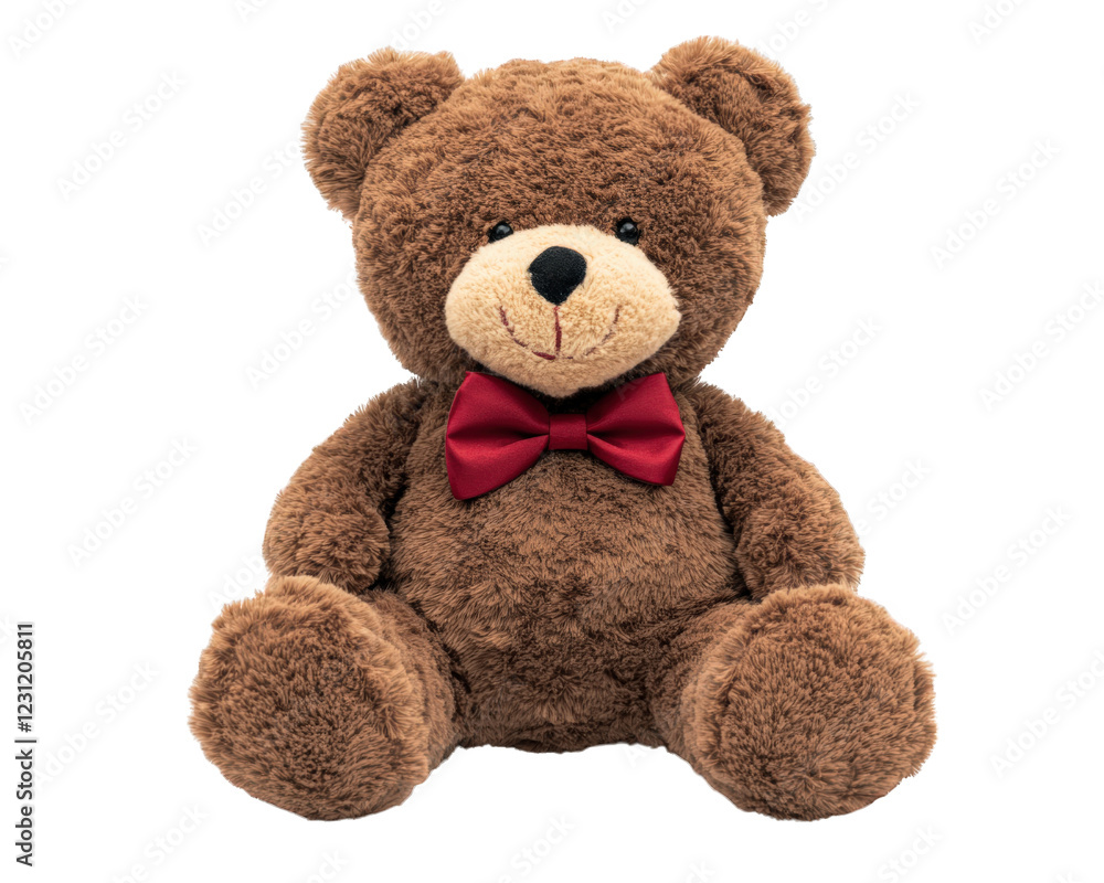 Fototapeta premium classic brown teddy bear with red bow tie, perfect for gifts and cuddles. This adorable plush toy brings joy and comfort to children and adults alike