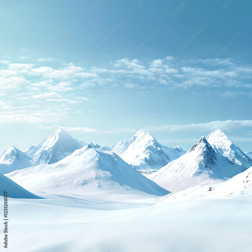 Obraz premium A peaceful snowy mountain range, with a bright blue sky and wide empty space at the bottom 