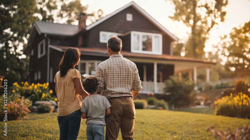 Naklejka premium New beginnings for a family as they admire their first house.