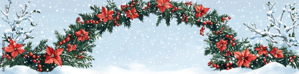 Festive Christmas Garland Archway with Poinsettia and Holly Berries on Snowy Winter Backgr Festive Christmas Garland Archway with Poinsettia and Holly Berries on Snowy Winter Backgr