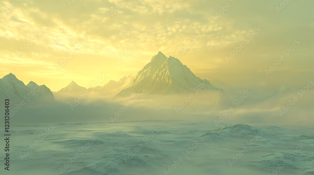 Fototapeta premium serene mountain landscape at sunrise, soft golden light illuminating the peaks
