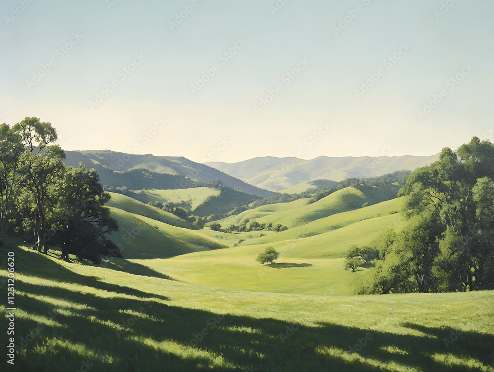 Obraz premium vast green valley with rolling hills, soft morning light casting long shadows