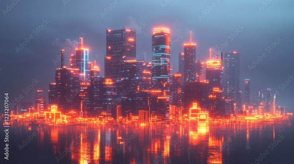 Obraz premium Futuristic Cityscape at Night with Neon Lights and Reflections