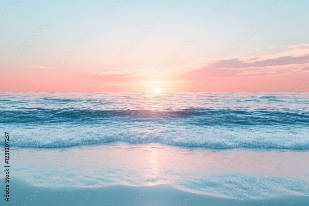 Naklejka premium Minimalistic sunset over a calm ocean, with soft waves reflecting the sky