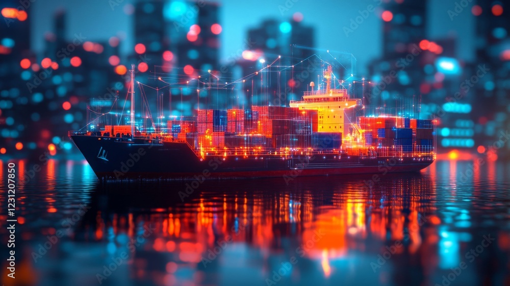 Obraz premium Cargo Ship at Night with City Lights Reflection