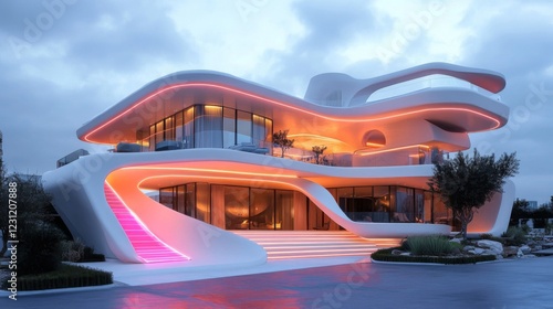 Wallpaper Mural Futuristic White Villa with Pink Lighting at Night Torontodigital.ca