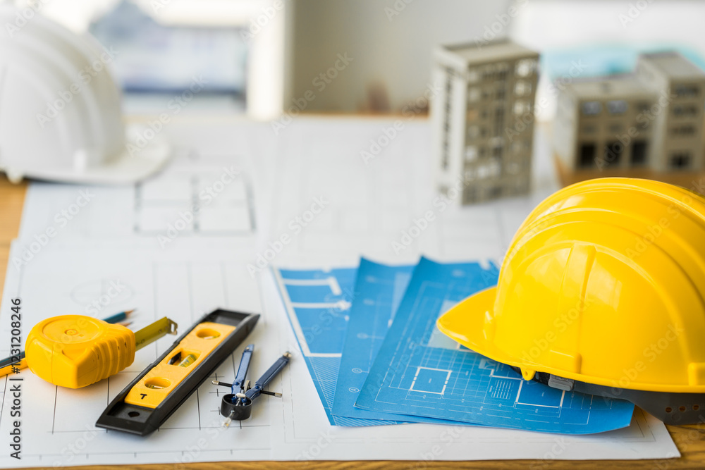 Close-up of a table with a blueprint, architect’s tools, and an engineer’s hat, representing building and condo design, construction planning, and structural engineering with precision and accuracy Close-up of a table with a blueprint, architect’s tools, and an engineer’s hat, representing building and condo design, construction planning, and structural engineering with precision and accuracy