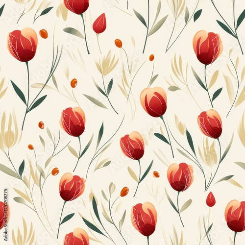 A seamless pattern featuring mini red tulips, seamless Pattern natural flow with a fresh and calming vibe colurfur 