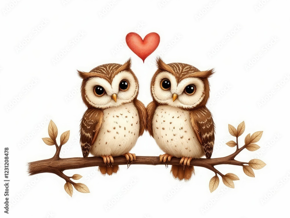 Fototapeta premium Two Owls Perched on Branch Sharing a Heart