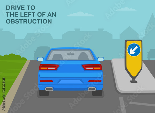 Safe driving tips and traffic regulation rules. Back view of a car passing the traffic island with illuminated bollard. Drive to the left of an obstruction. Flat vector illustration template.