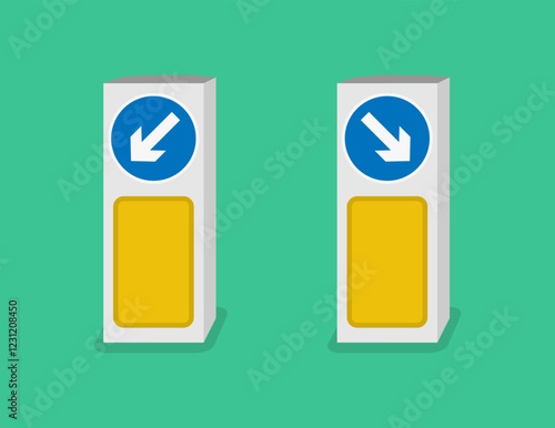 Isolated British rectangle shaped and internally illuminated traffic bollards with "keep right or left" signs. Flat vector illustration template.