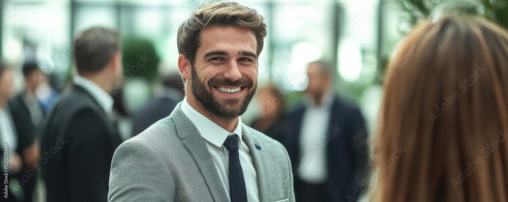 A sales strategy focused on customer retention. Smiling man in a stylish suit at a business event. A sales strategy focused on customer retention. Smiling man in a stylish suit at a business event.