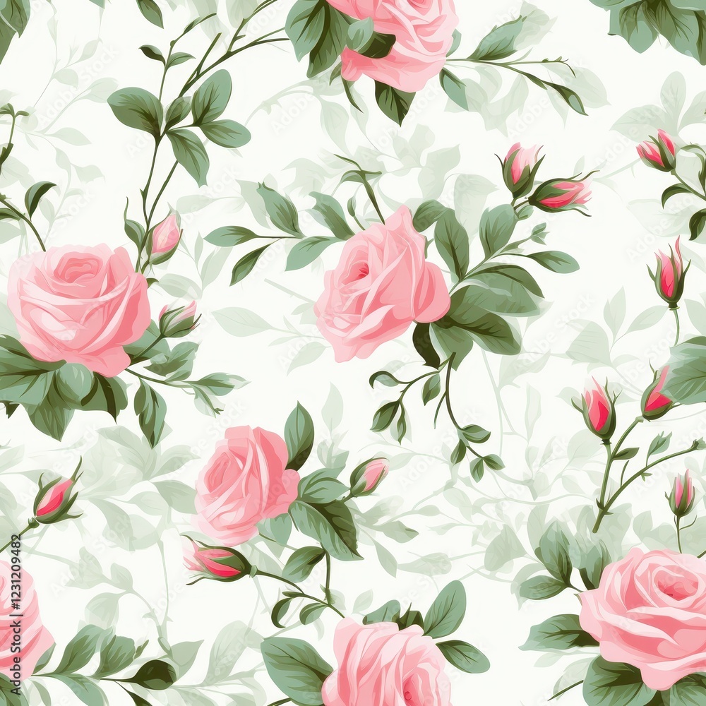 A seamless pattern featuring mini pink roses with green leaves, natural flow with a fresh and calming vibe colurfur A seamless pattern featuring mini pink roses with green leaves, natural flow with a fresh and calming vibe colurfur