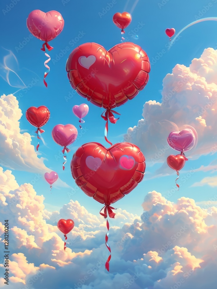 Heart-shaped balloons floating in a bright blue sky with clouds. Heart-shaped balloons floating in a bright blue sky with clouds.