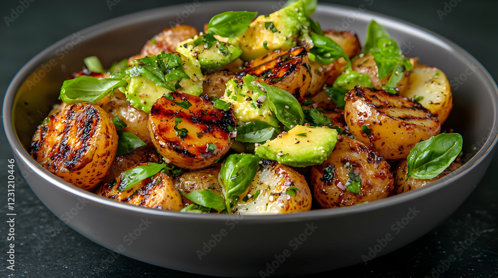 Grilled potato and avocado salad in bowl Grilled potato and avocado salad in bowl