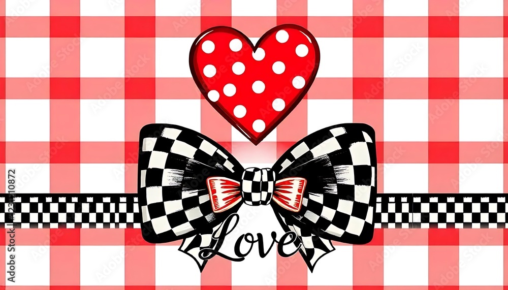 Obraz premium Valentine's Day illustration showcases a vibrant red heart adorned with white polka dots, perched atop a stylish black and white checkered bow created with generative ai