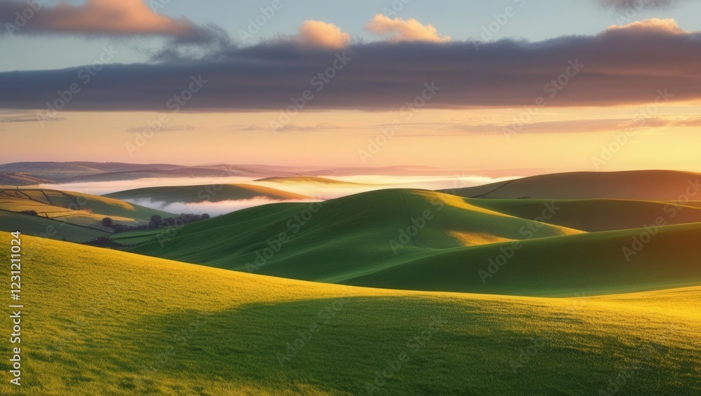 Obraz premium Sunrise Over Rolling Hills: A breathtaking panoramic view of rolling green hills bathed in the golden light of sunrise, with a misty valley below and dramatic clouds in the sky.