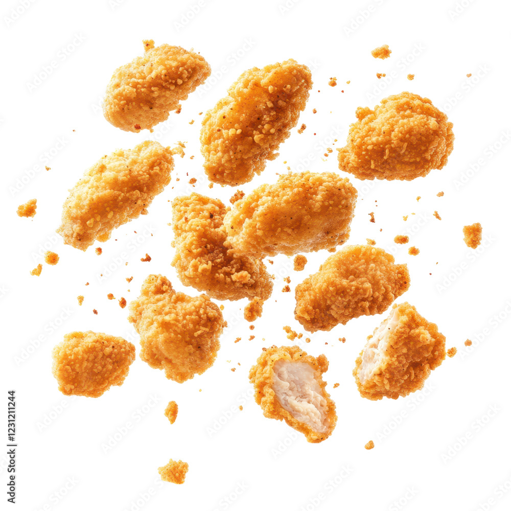Crispy Fried Chicken Nuggets Falling on Black Background Crispy Fried Chicken Nuggets Falling on Black Background