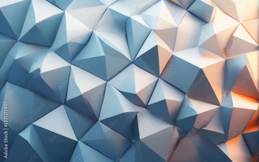 Contemporary geometric digital art with triangular shapes in blue and orange, creating depth and modern 3D design. Contemporary geometric digital art with triangular shapes in blue and orange, creating depth and modern 3D design.