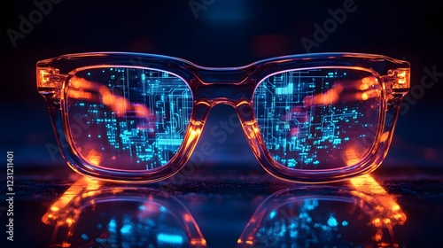 Modern glasses with enhanced circuit designs representing future technology. Smart glasses showcasing highly detailed digital circuits and innovation. photo