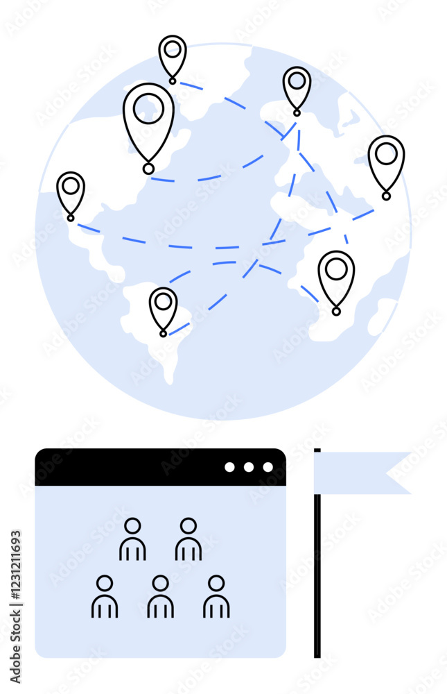 Fototapeta premium Map of the world with location pins connected by dotted lines, web page with user icons representing teamwork, and a flag. Ideal for networking, globalization, teamwork, remote work, strategy