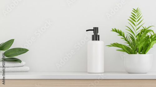 Wallpaper Mural Simple bathroom essentials: white soap dispenser, folded towels, and a potted plant. Torontodigital.ca