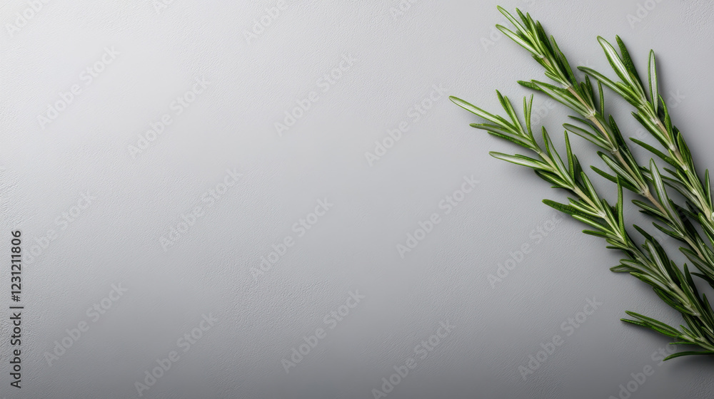 Fresh rosemary sprig on light gray background, adding touch of nature Fresh rosemary sprig on light gray background, adding touch of nature