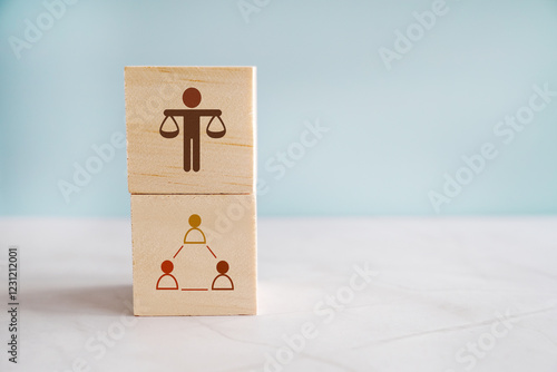 Canvas Print Hand holding wooden block with Ethical icons, business ethics and corporate compliance concept