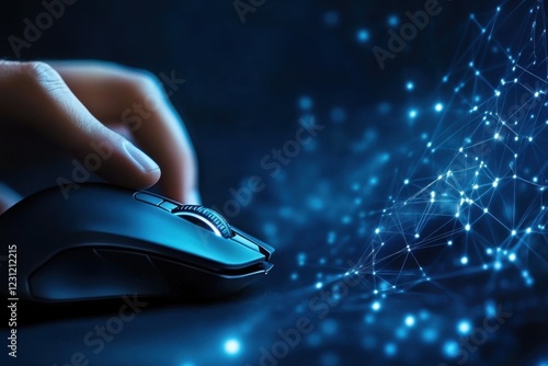 Abstract technology background. Business man clicking on computer mouse with big data