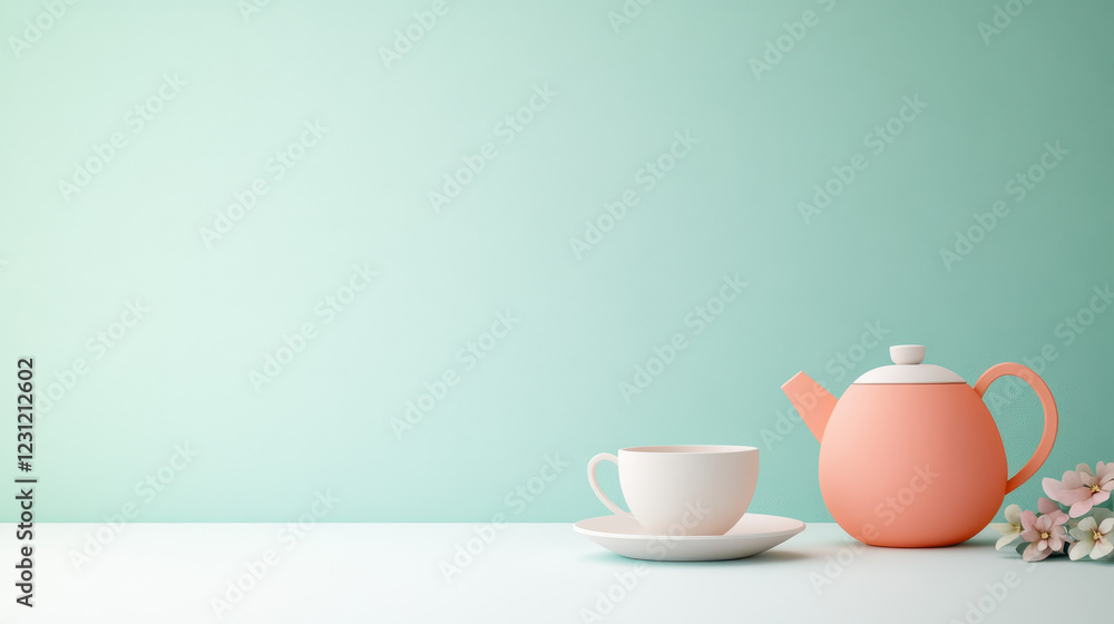 Fototapeta premium Minimalist teapot and cup set on pastel background, creating serene atmosphere