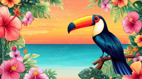 Tropical Toucan Beach Sunset Paradise Floral Scene
