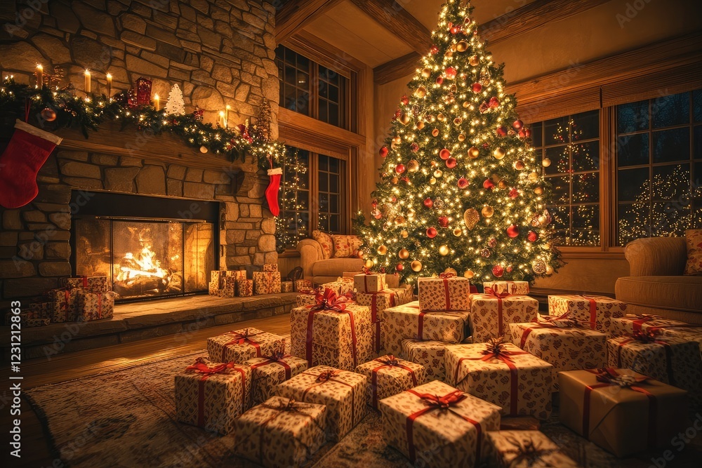 Ornately wrapped gift boxes stacked under a glowing Christmas tree, set in a cozy and festive holiday living room Ornately wrapped gift boxes stacked under a glowing Christmas tree, set in a cozy and festive holiday living room