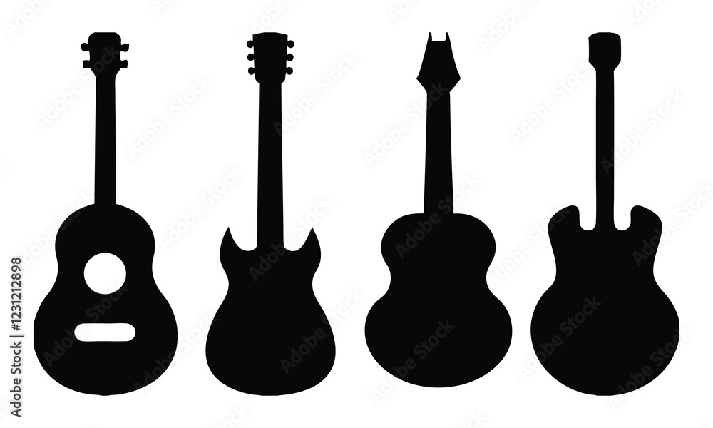Naklejka premium Guitar icon set, Acoustic guitar silhouette vector, Guitar silhouette vector set
