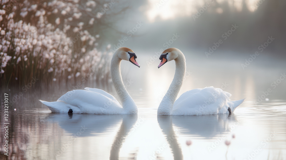 Obraz premium Graceful swans swimming in serene pond surrounded by soft mist and flowers