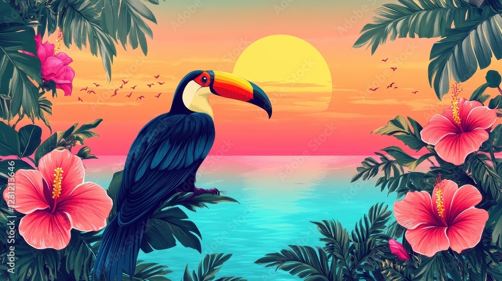 Fototapeta premium Tropical Toucan Sunset Paradise Scene With Hibiscus Flowers