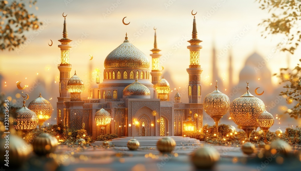 Obraz premium Majestic Mosque at Sunset Golden Domes and Minarets Illuminated Festive Islamic Architecture