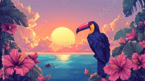 Tropical Toucan Sunset Ocean Hibiscus Paradise