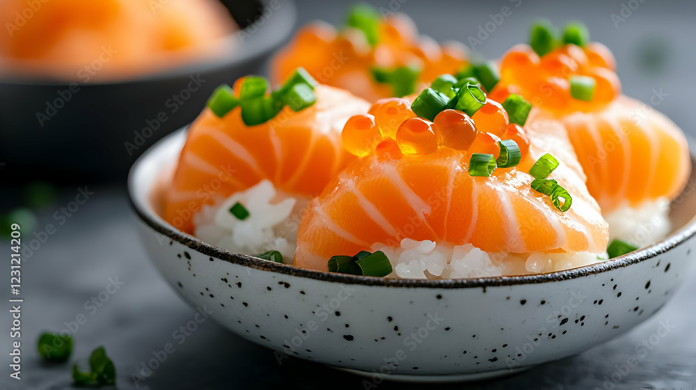 Salmon sushi bowl, garnished with caviar and chives, on a gray surface. Food photography for restaurant menus Salmon sushi bowl, garnished with caviar and chives, on a gray surface. Food photography for restaurant menus