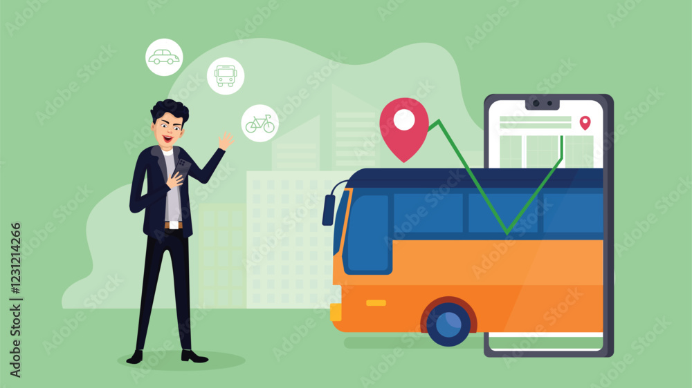 Bus booking online mobile comfort journey Call Taxi booking Story board Young man waiting for bus transportation automation Semi realistic character illustration flat color limited palette vector Bus booking online mobile comfort journey Call Taxi booking Story board Young man waiting for bus transportation automation Semi realistic character illustration flat color limited palette vector