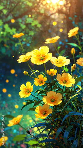 Yellow Wildflowers Blooming in a Peaceful Meadow Surrounded by Forest with Glowing Sunlight on a Calm Sunny Day Spring Aesthetic Wallpaper Daisy Digital Drawing Illustration