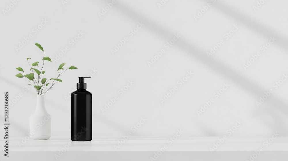 Sleek black pump bottle and a vase with green leaves on a white surface. Minimalist bathroom or skincare product display. Sleek black pump bottle and a vase with green leaves on a white surface. Minimalist bathroom or skincare product display.