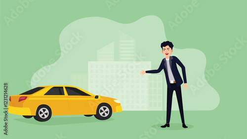 WeA young businessman waits for a cab on a busy urban street. An illegal cab driver approaches, but he hesitates. He prefers a legal taxi booked through an app. The city buzzes around him as he navigb