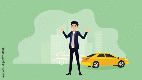 Man in a suit standing near a yellow car seemingly frustrated Bus booking online mobile comfort journey Call Taxi booking Storyboard Young man waiting for bus transportation autonomous Semi realistic