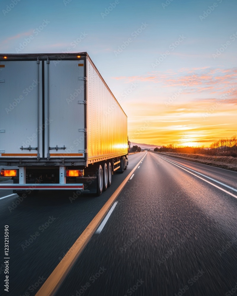 A truck drives down a highway at sunset, reflecting warm colors on its surface, symbolizing travel and transportation. A truck drives down a highway at sunset, reflecting warm colors on its surface, symbolizing travel and transportation.