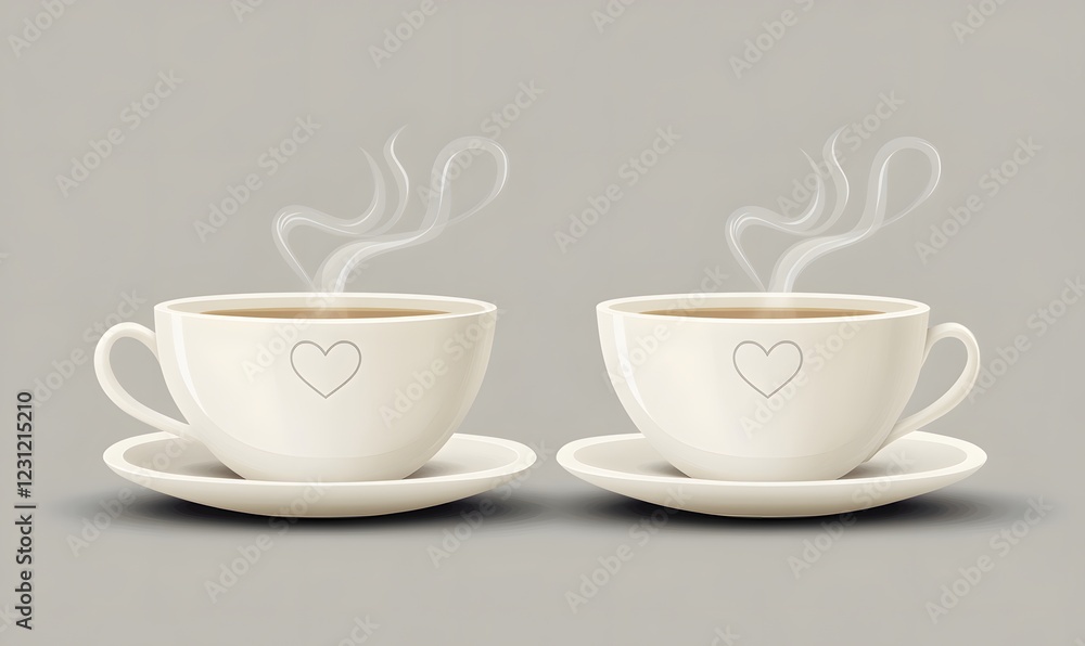 Fototapeta premium Two steaming heart mugs, grey background, romantic, design