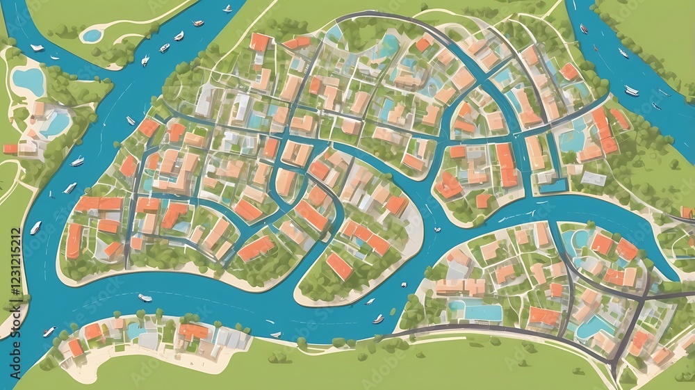 Vector map design for a real estate development project, showing neighborhoods, parks, and amenities. Vector map design for a real estate development project, showing neighborhoods, parks, and amenities.